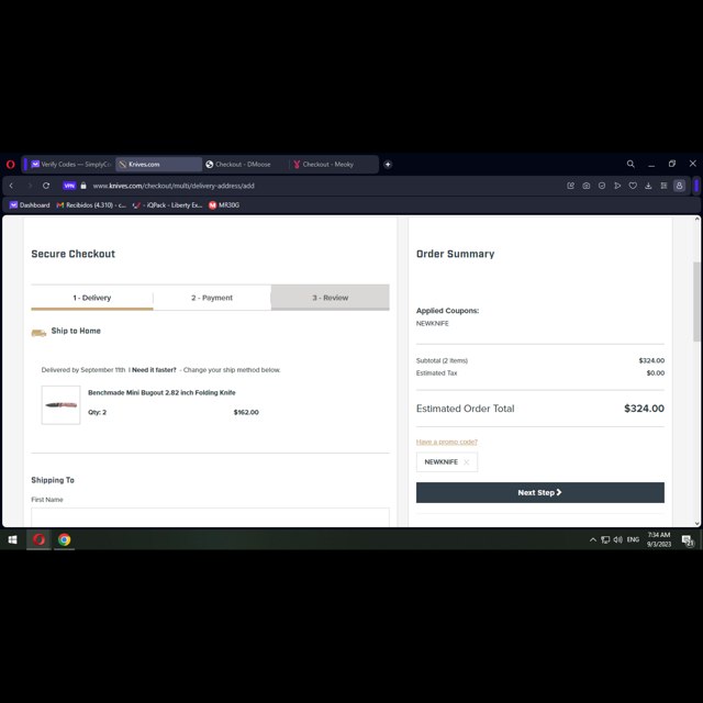 Knives.com checkout page showing Knives.com promo code box | Screenshot taken by SimplyCodes community member on Sep 3, 2023