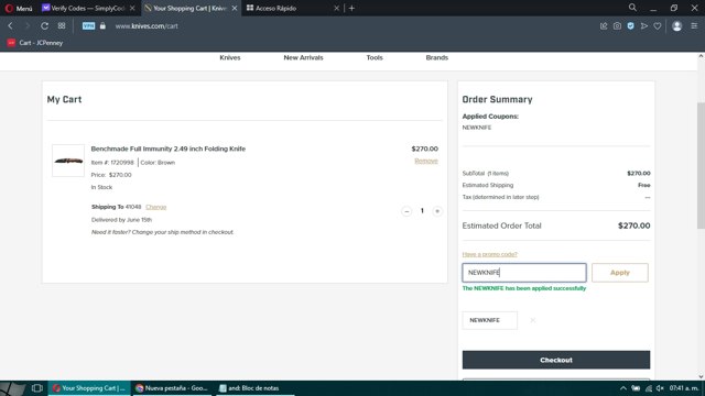 Knives.com checkout page showing Knives.com promo code box | Screenshot taken by SimplyCodes community member on Jun 8, 2023