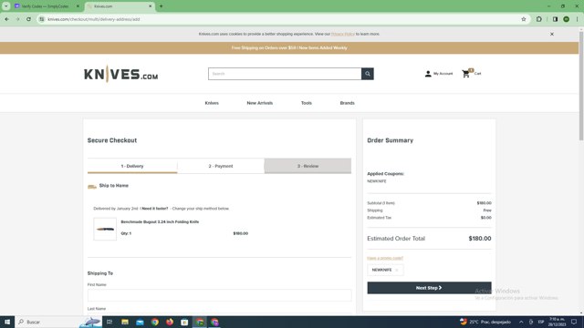 Knives.com checkout page showing Knives.com promo code box | Screenshot taken by SimplyCodes community member on Dec 28, 2023