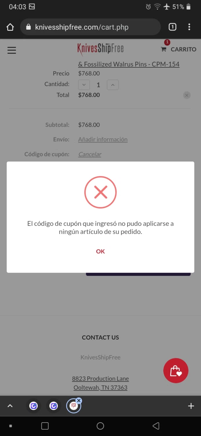 where to use KnivesShipFree.com promo code box