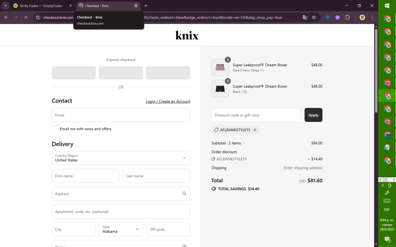 Knix promo code screenshot showing code AFLRANKSTYLE15 applied at Knix checkout page. Uploaded by SimplyCodes community member PromoVoyager8446 on Aug 30, 2025