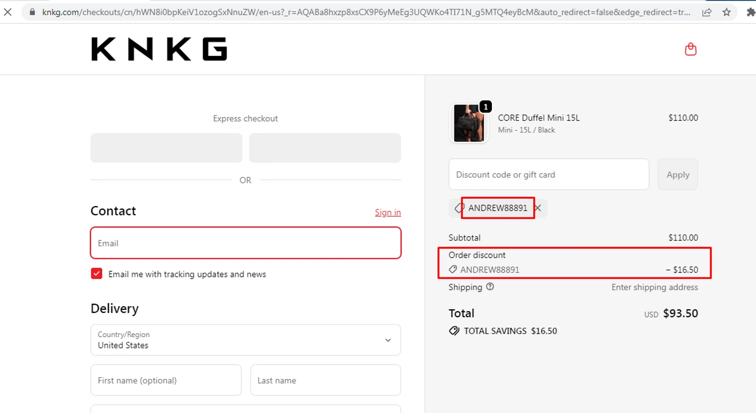 KNKG promo code screenshot showing code ANDREW88891 applied at KNKG checkout page. Uploaded by SimplyCodes community member nileskamarcano on Feb 12, 2026
