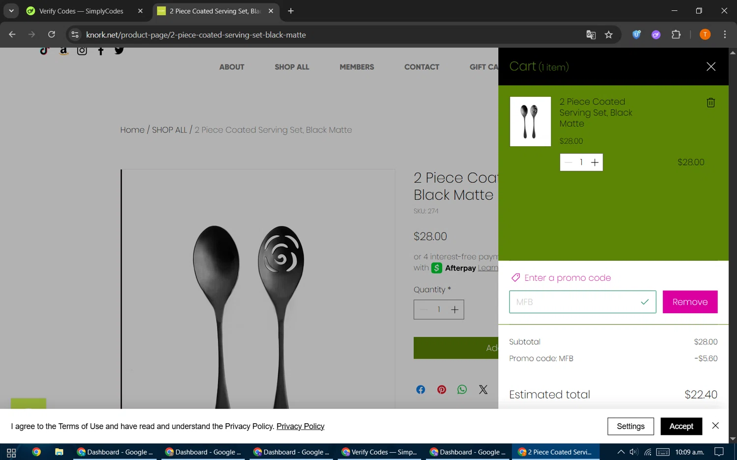 Knork Flatware checkout page showing Knork Flatware promo code box | Screenshot taken by SimplyCodes community member on Dec 29, 2025