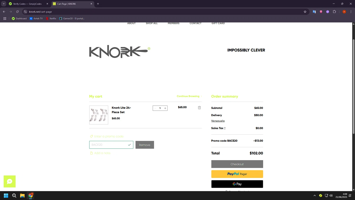 Knork Flatware promo code screenshot showing code BACE20 applied at Knork Flatware checkout page. Uploaded by SimplyCodes community member BudgetShopper182 on Jun 21, 2025