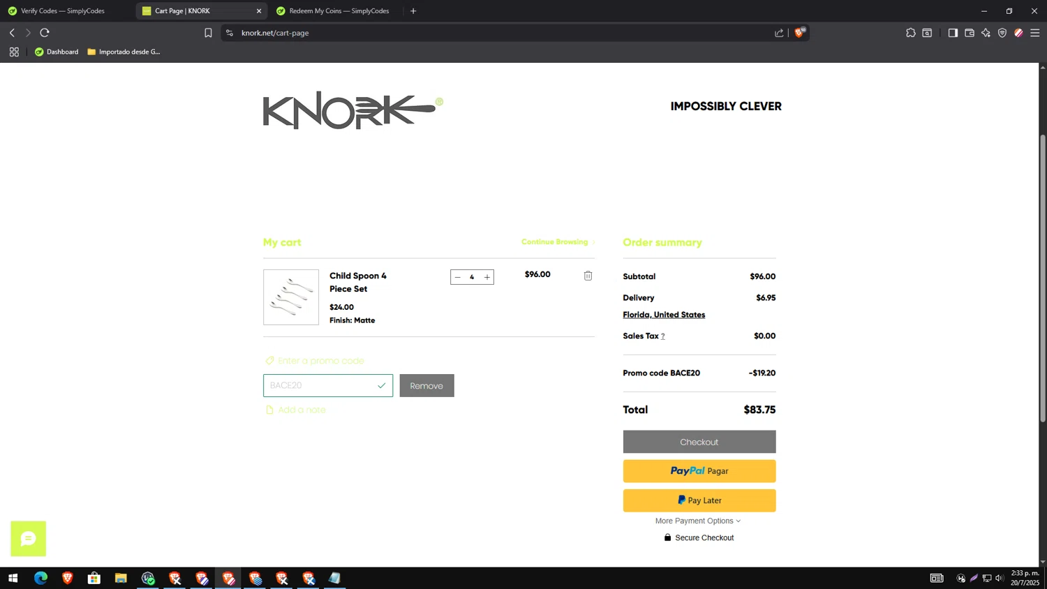 Knork Flatware promo code screenshot showing code BACE20 applied at Knork Flatware checkout page. Uploaded by SimplyCodes community member CleverTracker4432 on Jul 20, 2025