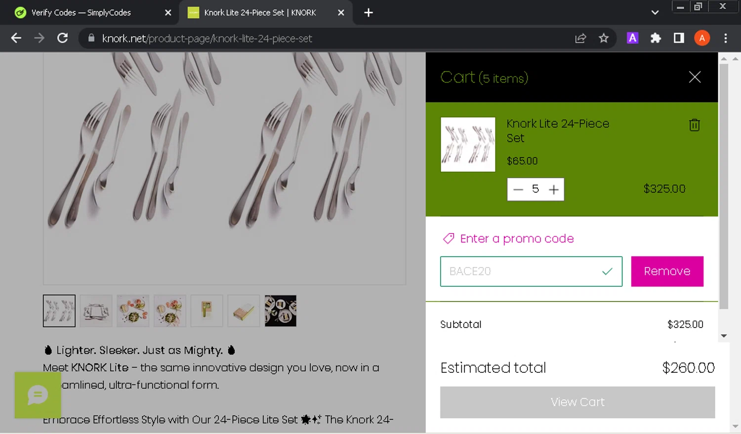 Knork Flatware checkout page showing Knork Flatware promo code box | Screenshot taken by SimplyCodes community member on Jan 10, 2026