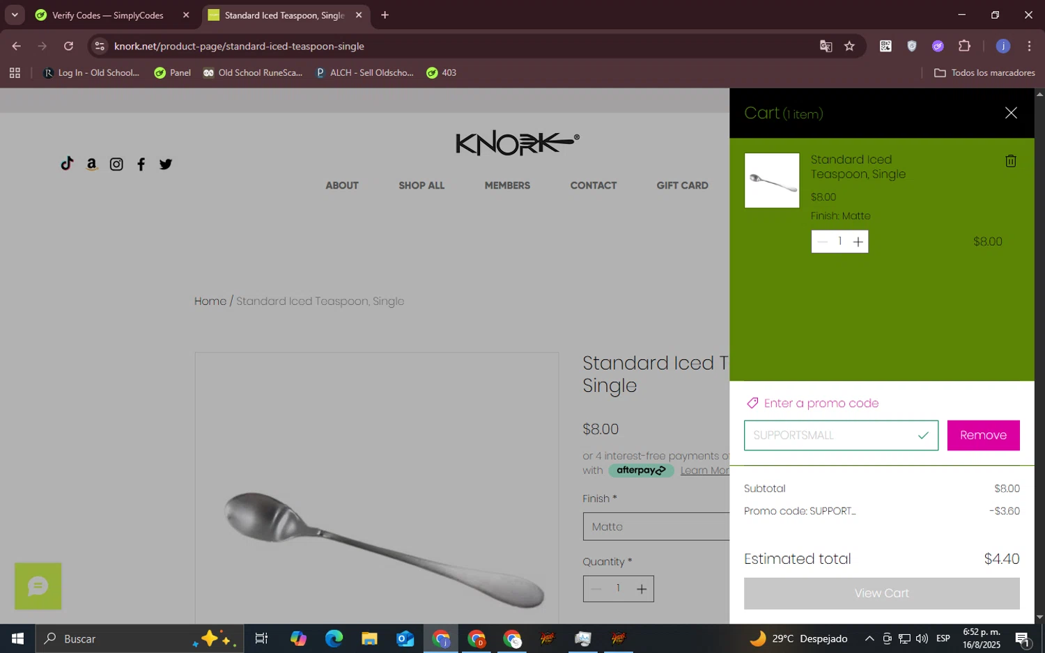 Knork Flatware promo code screenshot showing code SUPPORTSMALL applied at Knork Flatware checkout page. Uploaded by SimplyCodes community member CouponOwl5049 on Aug 16, 2025