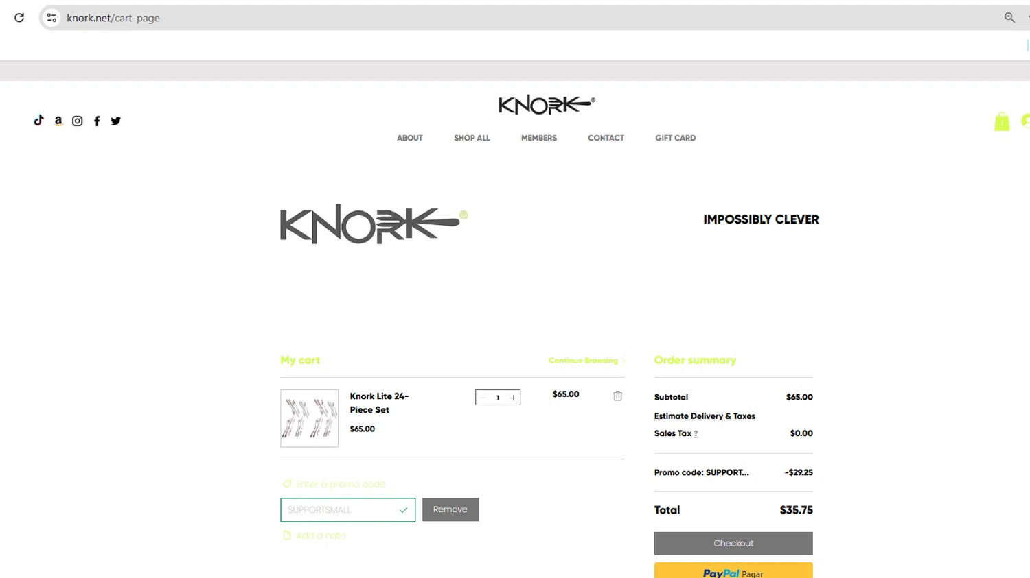 Knork Flatware promo code screenshot showing code SUPPORTSMALL applied at Knork Flatware checkout page. Uploaded by SimplyCodes community member YHLQMDLGN on Sep 14, 2025