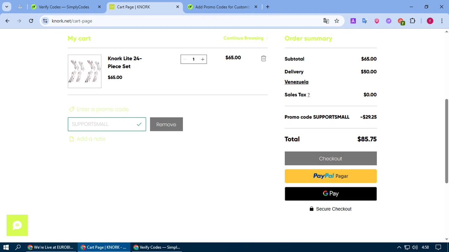 Knork Flatware promo code screenshot showing code SUPPORTSMALL applied at Knork Flatware checkout page. Uploaded by SimplyCodes community member fausguillermo on Jun 28, 2025