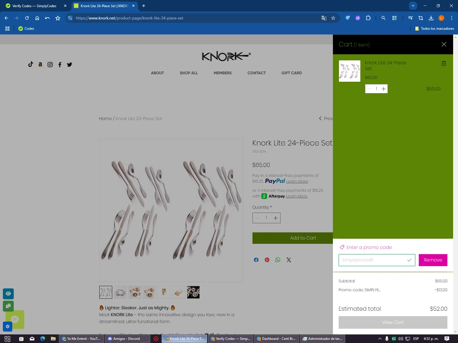 Knork Flatware promo code screenshot showing code simplyknork45 applied at Knork Flatware checkout page. Uploaded by SimplyCodes community member VictoriousSentinel2155 on Aug 16, 2025