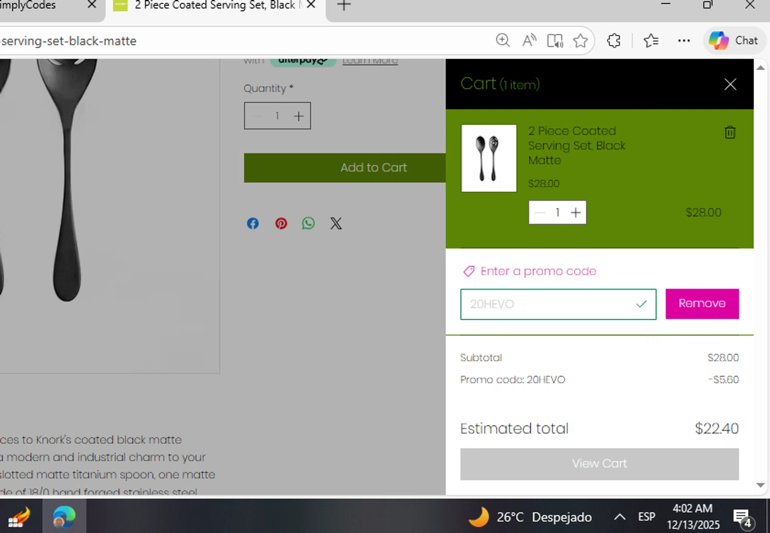Knork Flatware promo code screenshot showing code 20HEVO applied at Knork Flatware checkout page. Uploaded by SimplyCodes community member fhddfhfdhwert on Dec 13, 2025