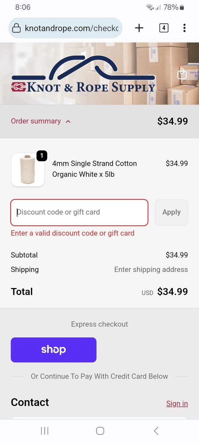 Knot & Rope Supply promo code screenshot showing code 15OFF applied at Knot & Rope Supply checkout page. Uploaded by SimplyCodes community member ScanMaverick9378 on Feb 15, 2026