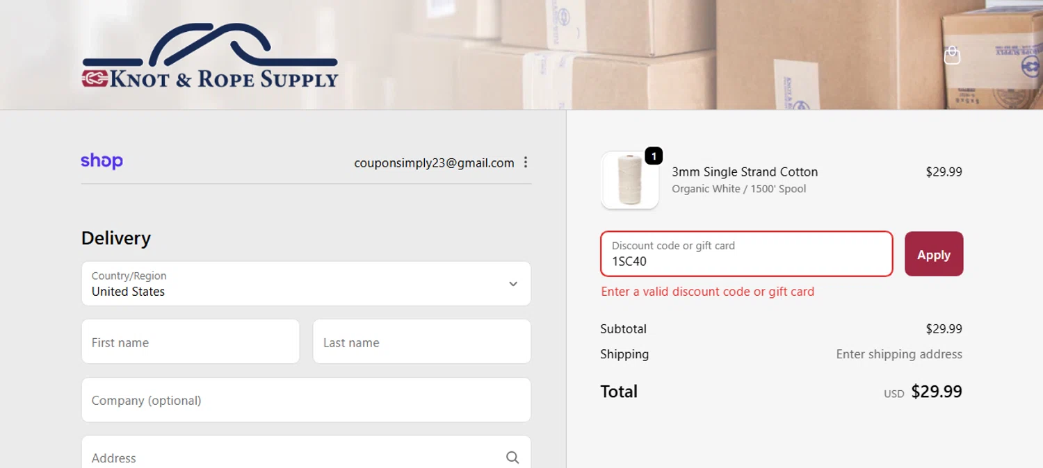 Knot & Rope Supply discount code screenshot showing code 1SC40 applied at Knot & Rope Supply checkout page. Uploaded by SimplyCodes community member IsabellaMillan on Nov 24, 2025
