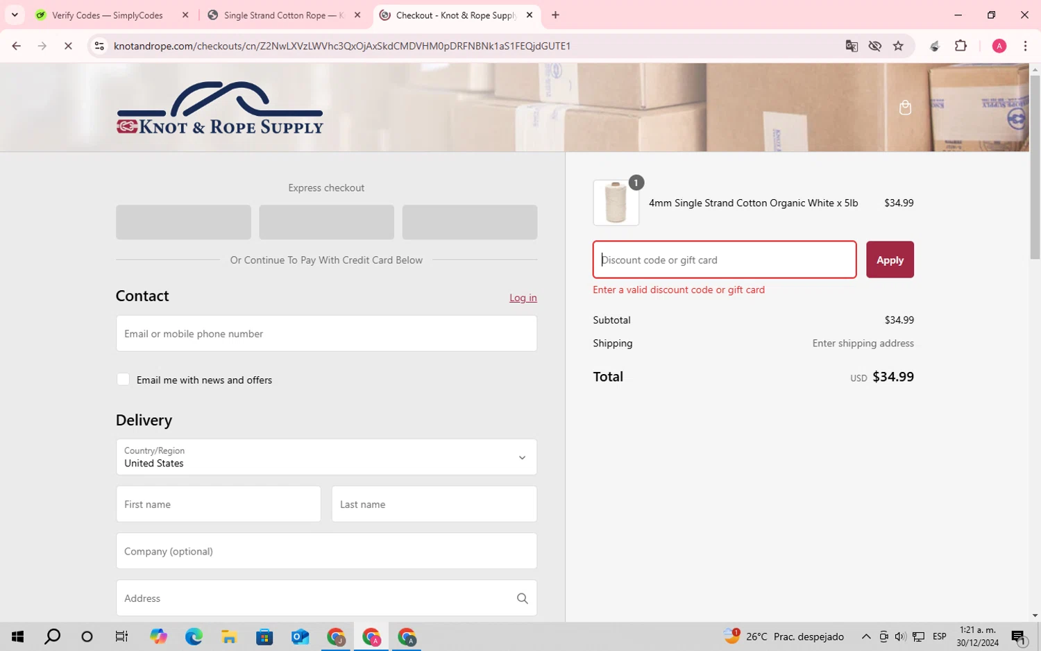 Knot & Rope Supply discount code screenshot showing code spring10 applied at Knot & Rope Supply checkout page. Uploaded by SimplyCodes community member SaleScholar6713 on Dec 30, 2024