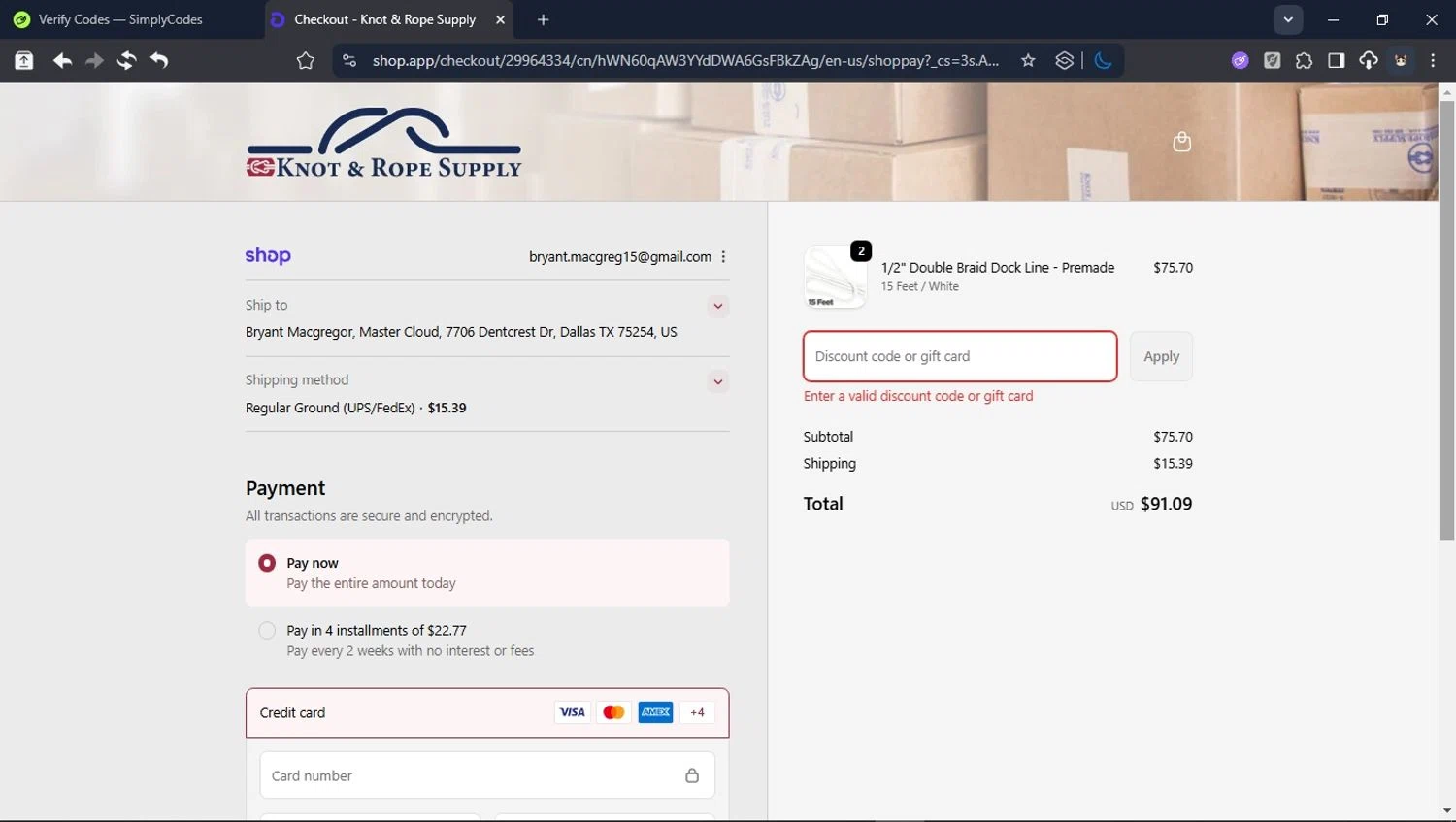 Knot & Rope Supply discount code screenshot showing code Momwin7 applied at Knot & Rope Supply checkout page. Uploaded by SimplyCodes community member ValiantHunter5929 on Dec 3, 2025