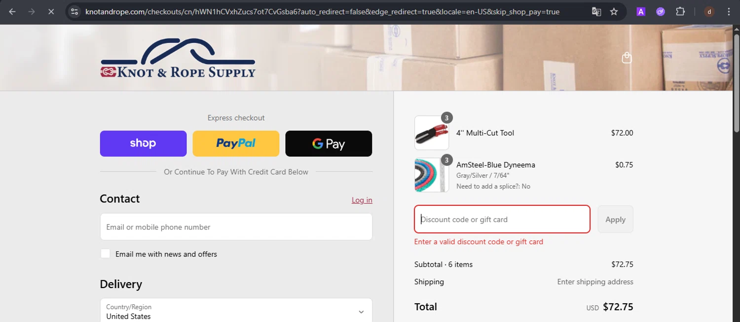 Knot & Rope Supply discount code screenshot showing code SUMMER10 applied at Knot & Rope Supply checkout page. Uploaded by SimplyCodes community member VoucherSpotter9376 on Aug 12, 2025