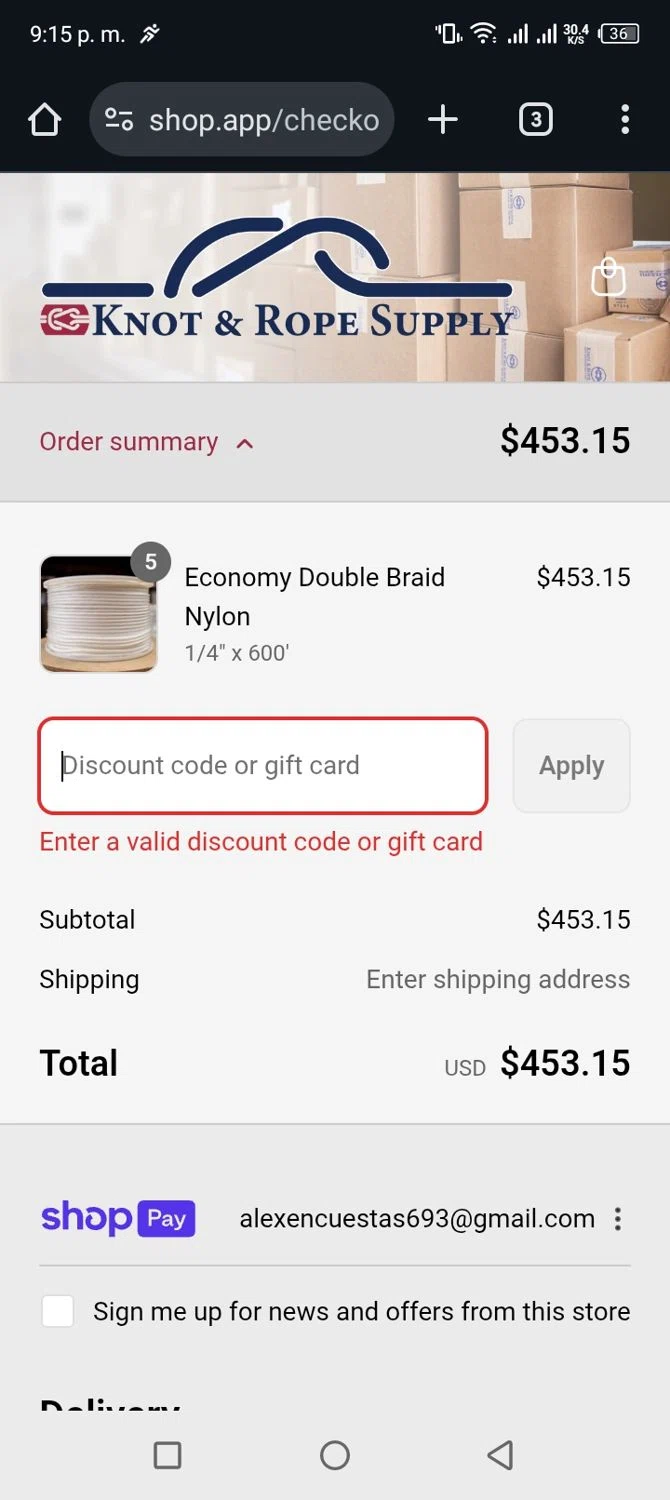 Knot & Rope Supply discount code screenshot showing code SUMMER10 applied at Knot & Rope Supply checkout page. Uploaded by SimplyCodes community member edimarrivero on Aug 12, 2025