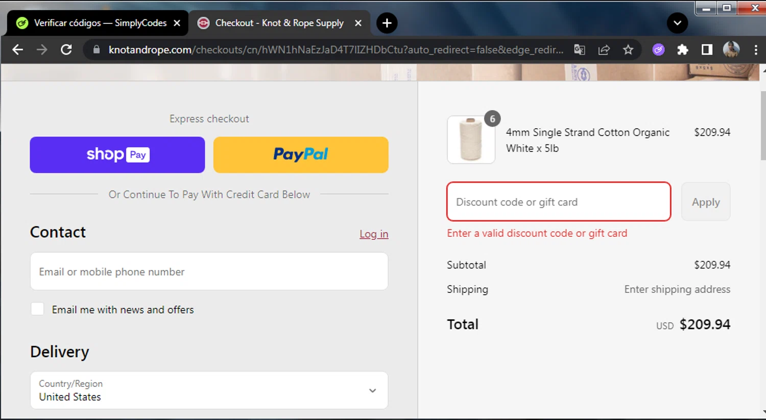 Knot & Rope Supply discount code screenshot showing code SUMMER10 applied at Knot & Rope Supply checkout page. Uploaded by SimplyCodes community member enmanuelhernandezRodriguez on Aug 12, 2025