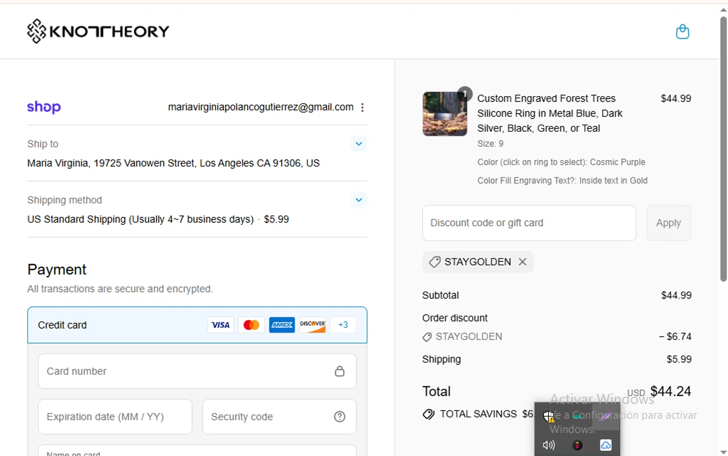 Knot Theory discount code screenshot showing code STAYGOLDEN applied at Knot Theory checkout page. Uploaded by SimplyCodes community member SavingsCollector2592 on Aug 12, 2025