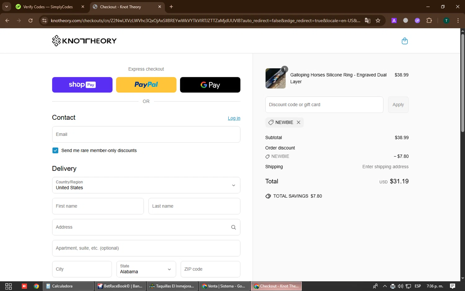 Knot Theory discount code screenshot showing code NEWBIE applied at Knot Theory checkout page. Uploaded by SimplyCodes community member SavvyPro1592 on Jun 21, 2025