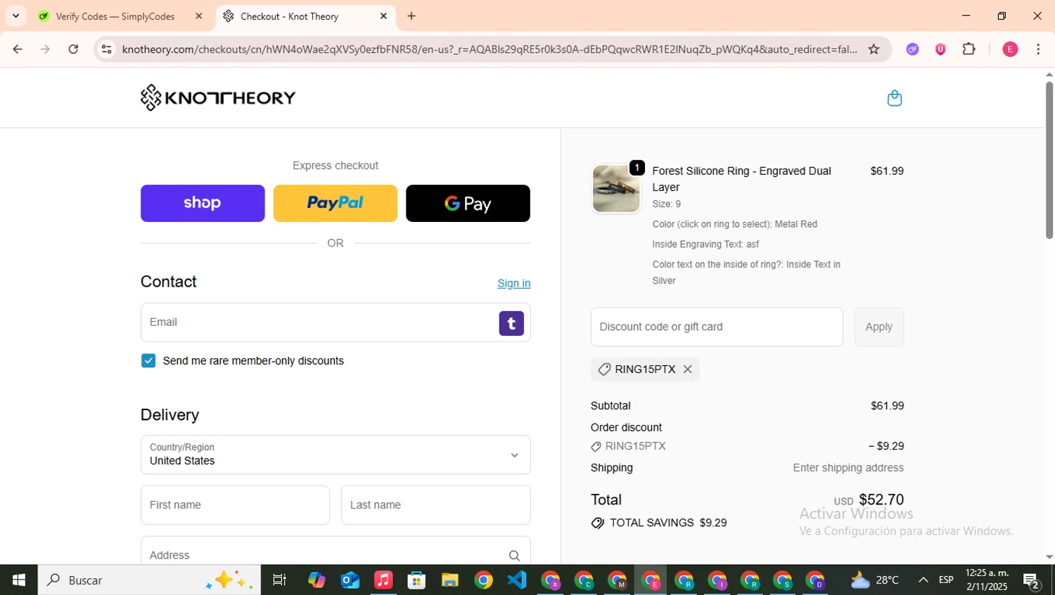 Knot Theory discount code screenshot showing code ring15ptx applied at Knot Theory checkout page. Uploaded by SimplyCodes community member CouponHero7312 on Nov 2, 2025