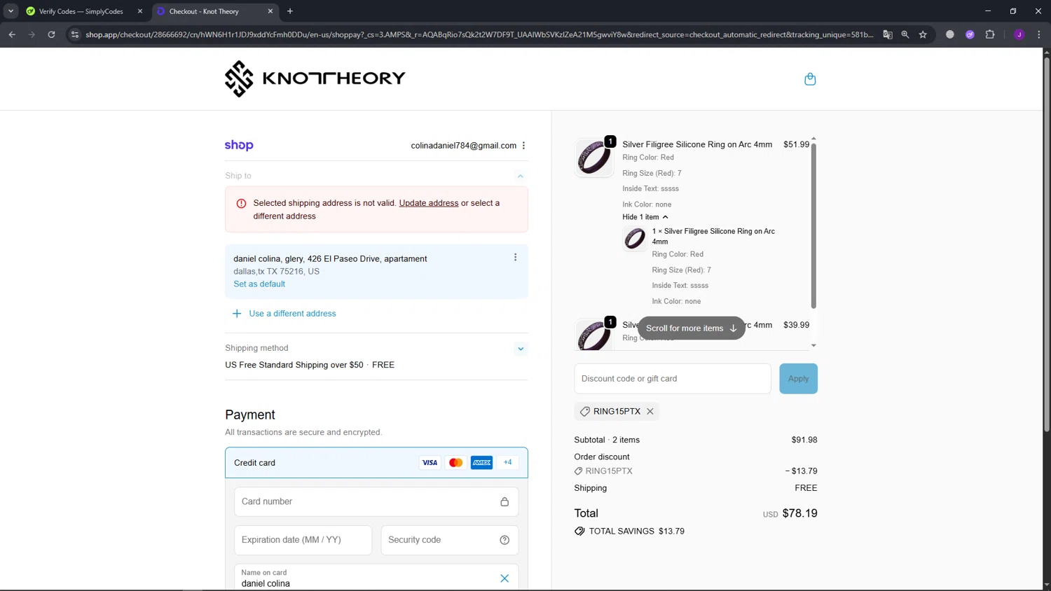 Knot Theory discount code screenshot showing code ring15ptx applied at Knot Theory checkout page. Uploaded by SimplyCodes community member NobleHunter7932 on Dec 10, 2025