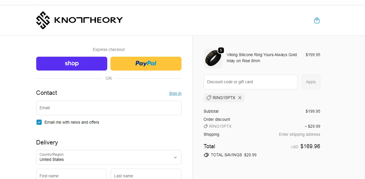 Knot Theory discount code screenshot showing code ring15ptx applied at Knot Theory checkout page. Uploaded by SimplyCodes community member obito1234 on Nov 19, 2025