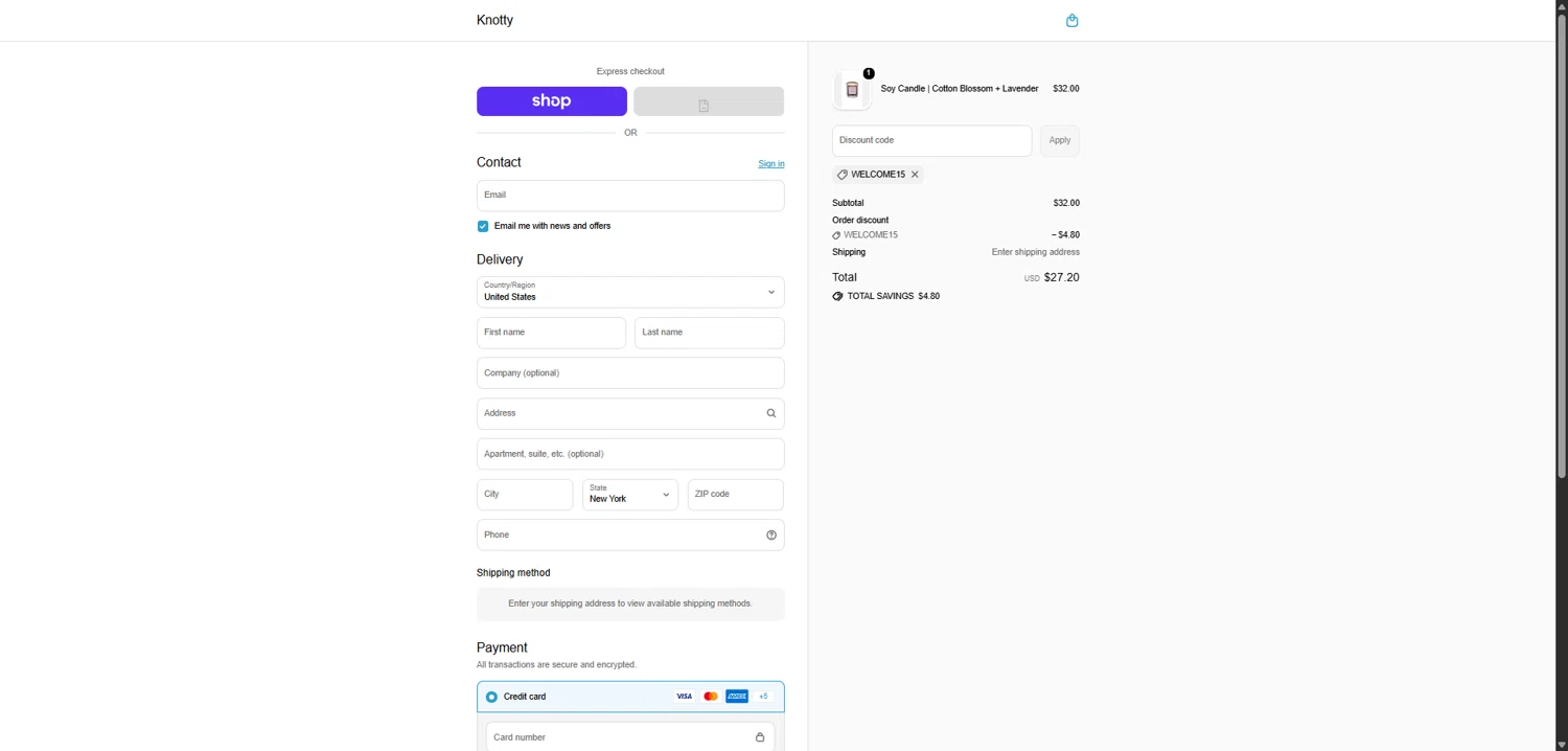Knotty promo code screenshot showing code WELCOME15 applied at Knotty checkout page. Uploaded by SimplyCodes community member MagnificentTitan6986 on Mar 2, 2026