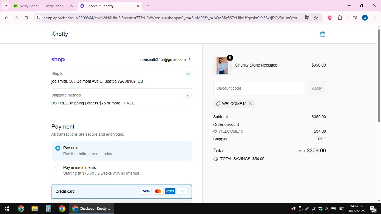 Knotty discount code screenshot showing code WELCOME15 applied at Knotty checkout page. Uploaded by SimplyCodes community member noesmith34ur on Dec 16, 2025