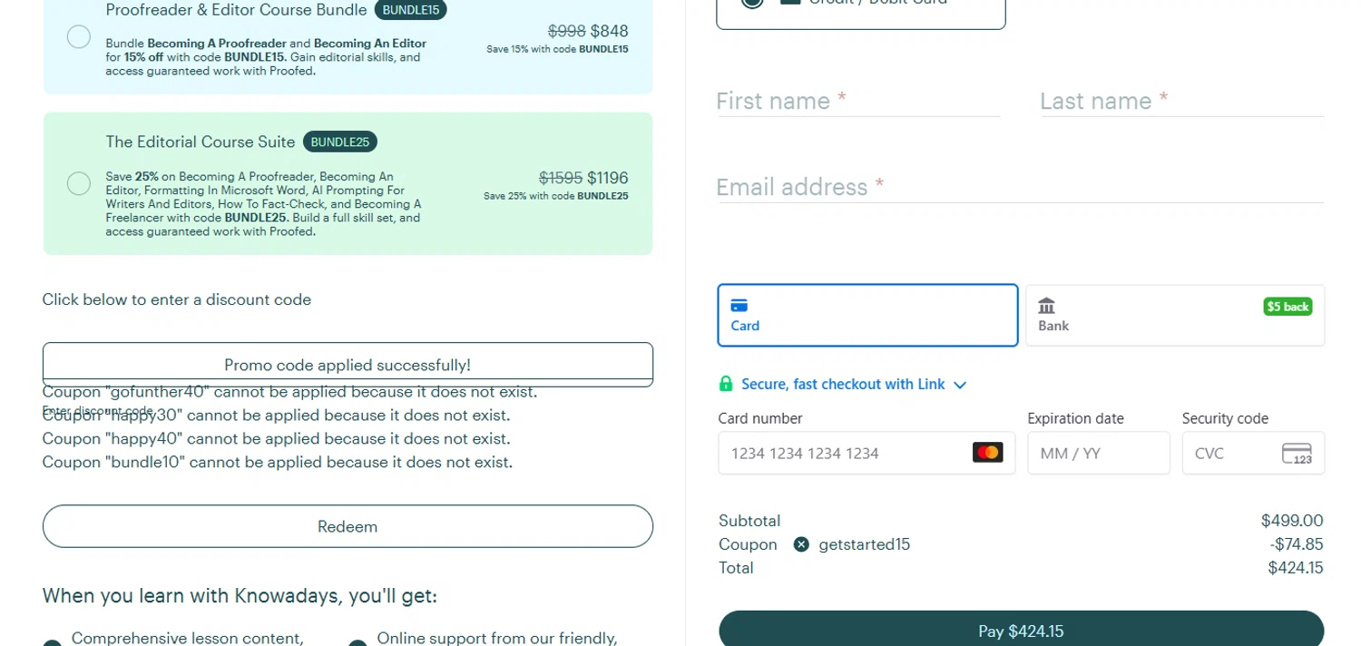 Knowadays promo code screenshot showing code getstarted15 applied at Knowadays checkout page. Uploaded by SimplyCodes community member Loki_Odinson on Jun 4, 2026