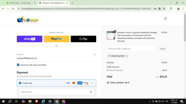 Knowledge Box Central checkout page showing Knowledge Box Central coupon code box | Screenshot taken by SimplyCodes community member on Feb 1, 2025