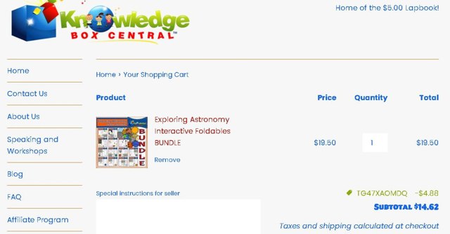 Knowledge Box Central checkout page showing Knowledge Box Central coupon code box | Screenshot taken by SimplyCodes community member on Apr 20, 2025