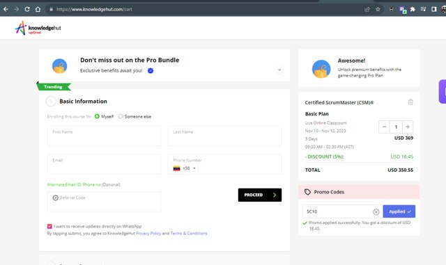 KnowledgeHut checkout page showing KnowledgeHut coupon code box | Screenshot taken by SimplyCodes community member on Nov 8, 2023