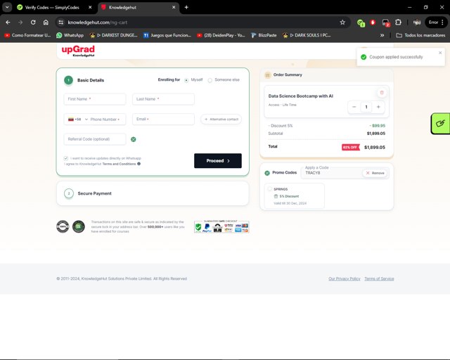 KnowledgeHut checkout page showing KnowledgeHut coupon code box | Screenshot taken by SimplyCodes community member on May 29, 2024