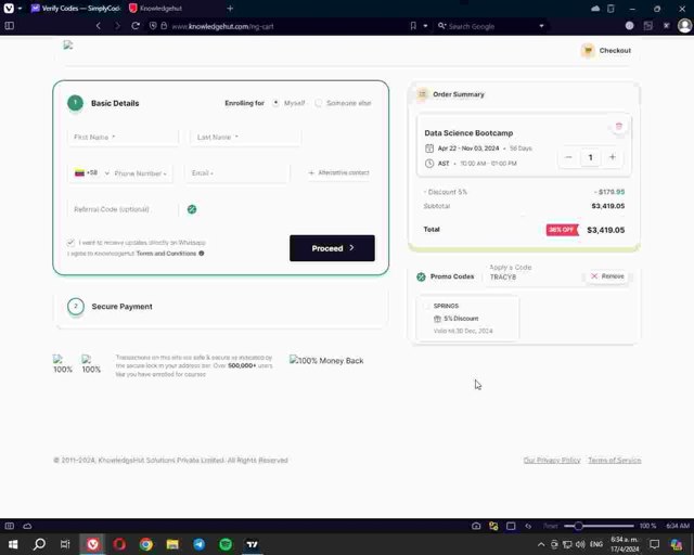 KnowledgeHut checkout page showing KnowledgeHut coupon code box | Screenshot taken by SimplyCodes community member on Apr 17, 2024