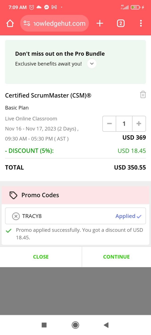 KnowledgeHut checkout page showing KnowledgeHut coupon code box | Screenshot taken by SimplyCodes community member on Nov 11, 2023