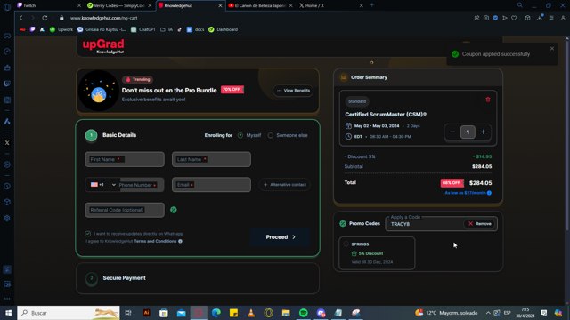 KnowledgeHut checkout page showing KnowledgeHut coupon code box | Screenshot taken by SimplyCodes community member on Apr 30, 2024