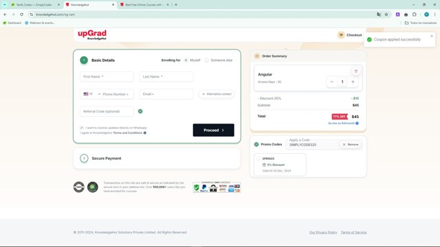 KnowledgeHut checkout page showing KnowledgeHut coupon code box | Screenshot taken by SimplyCodes community member on Aug 15, 2024