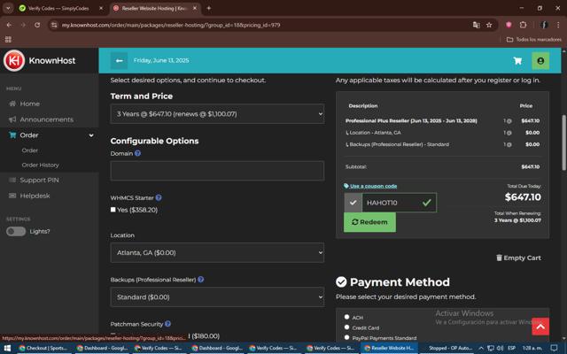 KnownHost checkout page showing KnownHost coupon code box | Screenshot taken by SimplyCodes community member on Jun 13, 2025