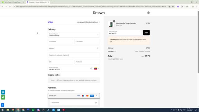 Known Nutrition checkout page showing Known Nutrition discount code box | Screenshot taken by SimplyCodes community member on Sep 6, 2025
