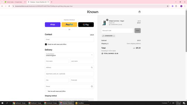 Known Nutrition checkout page showing Known Nutrition discount code box | Screenshot taken by SimplyCodes community member on Sep 6, 2025
