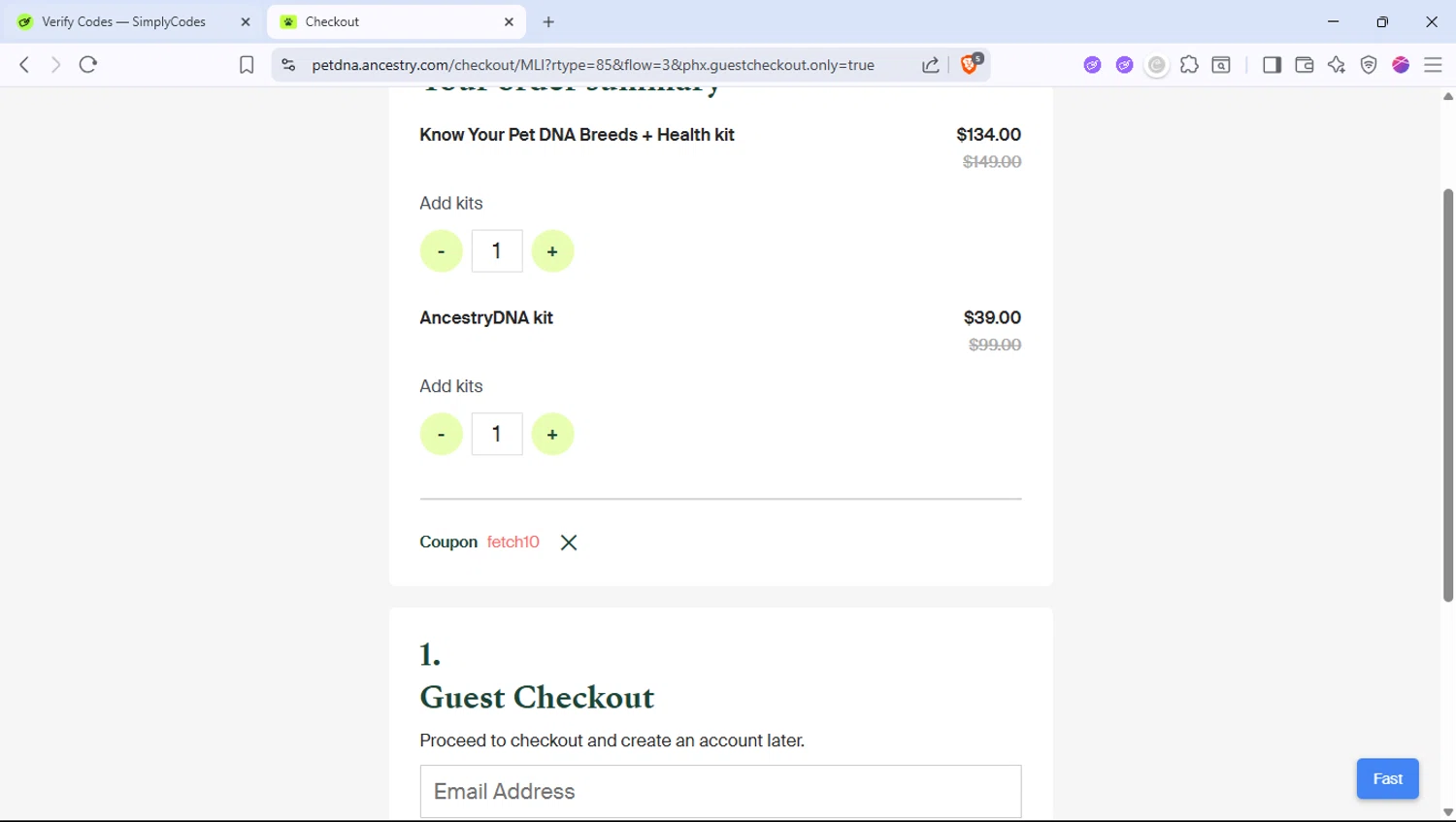 Know Your Pet DNA by Ancestry promo code screenshot showing code fetch10 applied at Know Your Pet DNA by Ancestry checkout page. Uploaded by SimplyCodes community member PocoyoTraihard on Aug 2, 2025