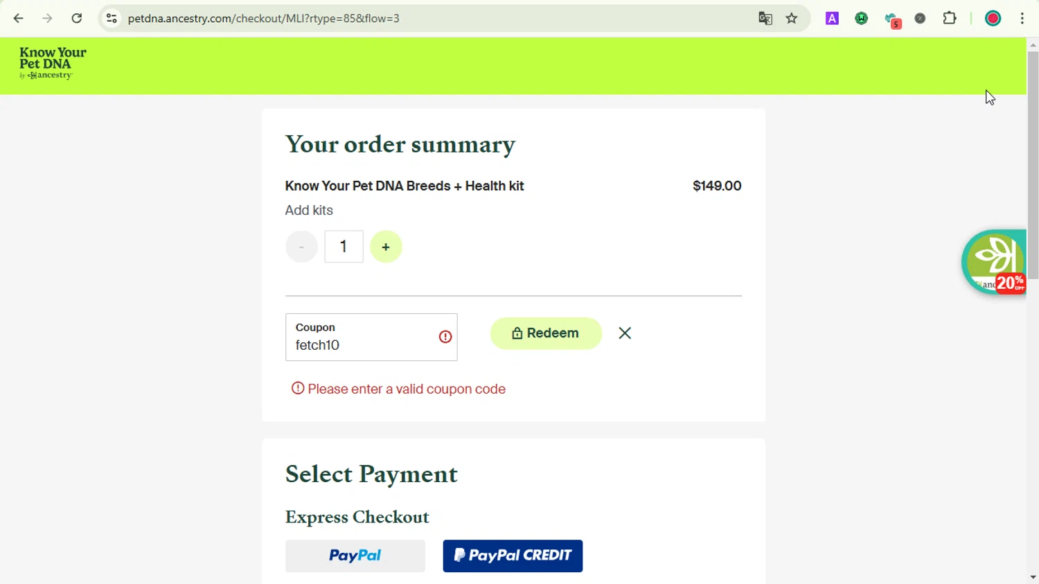 Know Your Pet DNA by Ancestry promo code screenshot showing code fetch10 applied at Know Your Pet DNA by Ancestry checkout page. Uploaded by SimplyCodes community member LOVECOUPON on Jan 7, 2025