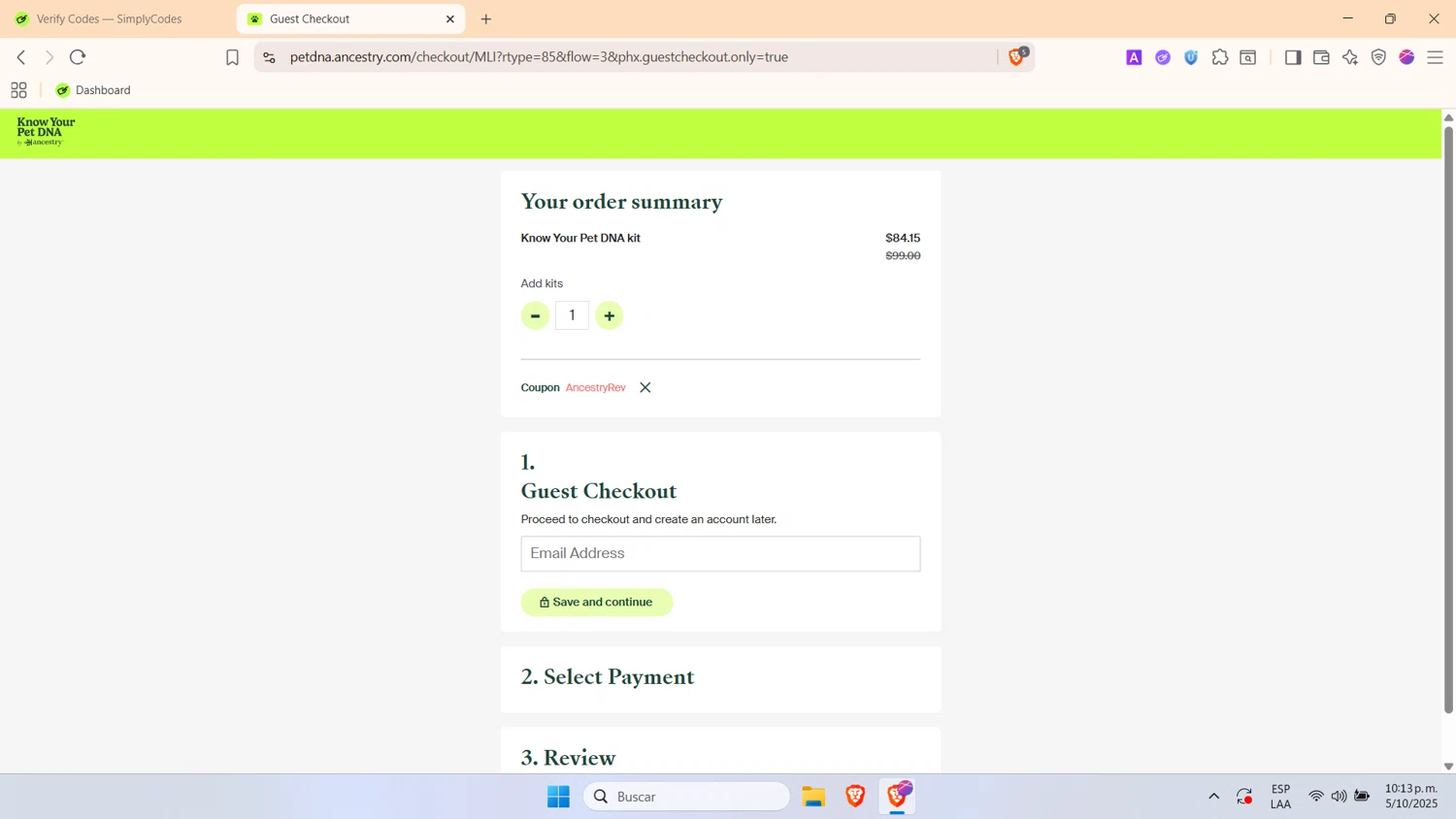 Know Your Pet DNA by Ancestry promo code screenshot showing code AncestryRev applied at Know Your Pet DNA by Ancestry checkout page. Uploaded by SimplyCodes community member PrimeWhiz4850 on Oct 6, 2025
