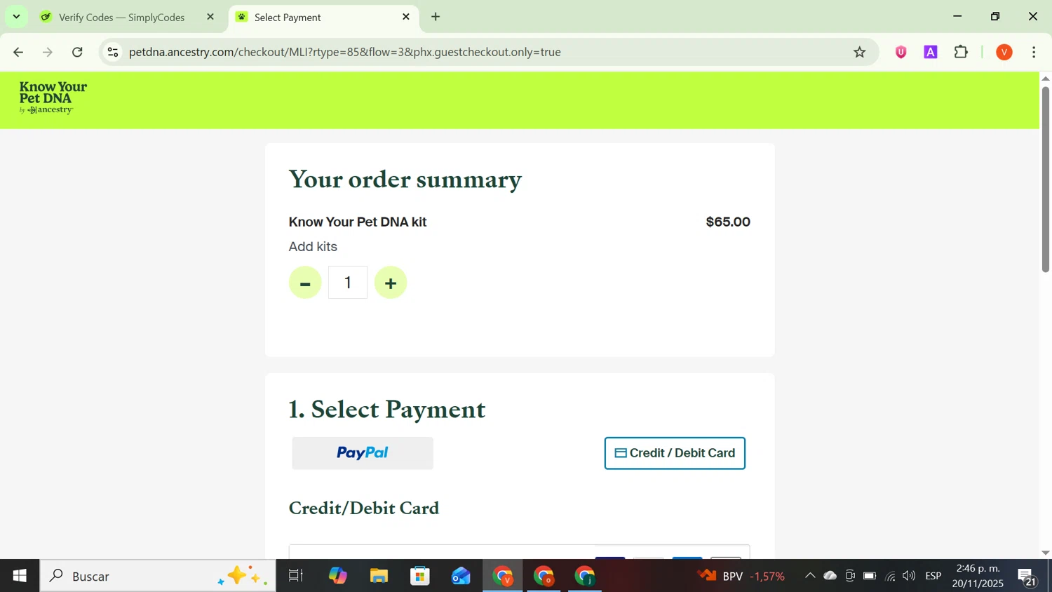 Know Your Pet DNA by Ancestry promo code screenshot showing code AncestryRev applied at Know Your Pet DNA by Ancestry checkout page. Uploaded by SimplyCodes community member SavingsCaptain8190 on Nov 20, 2025