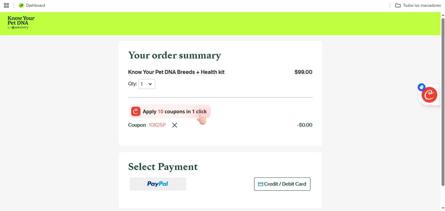 Know Your Pet DNA by Ancestry promo code screenshot showing code 10X25P applied at Know Your Pet DNA by Ancestry checkout page. Uploaded by SimplyCodes community member Speedy on Dec 28, 2025