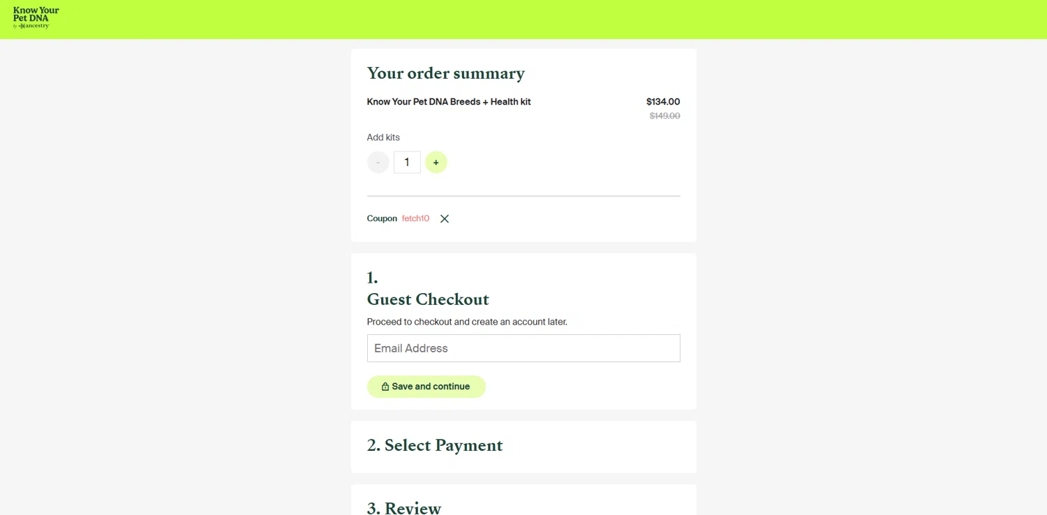 Know Your Pet DNA by Ancestry promo code screenshot showing code fetch10 applied at Know Your Pet DNA by Ancestry checkout page. Uploaded by SimplyCodes community member ivantorres on Jul 4, 2025