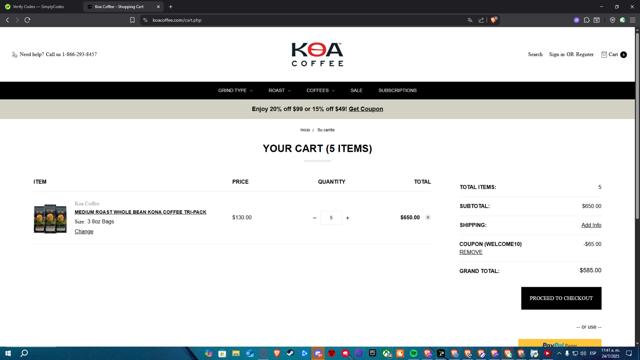 Koa Coffee checkout page showing Koa Coffee promo code box | Screenshot taken by SimplyCodes community member on Jul 24, 2025