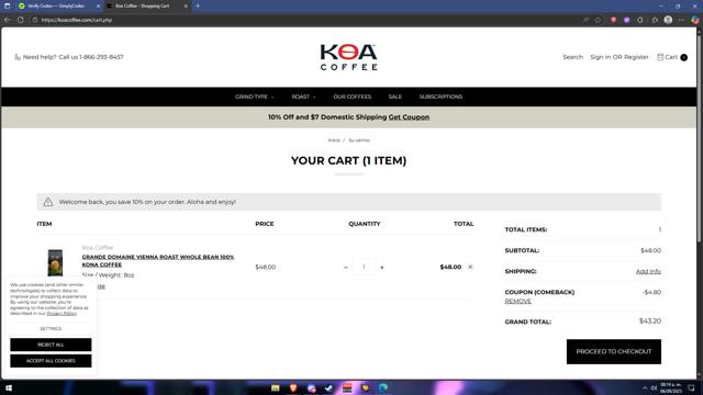 Koa Coffee checkout page showing Koa Coffee promo code box | Screenshot taken by SimplyCodes community member on Sep 6, 2025