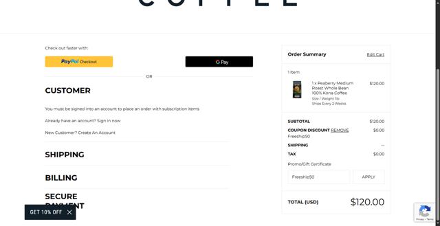 Koa Coffee checkout page showing Koa Coffee promo code box | Screenshot taken by SimplyCodes community member on Jul 24, 2025